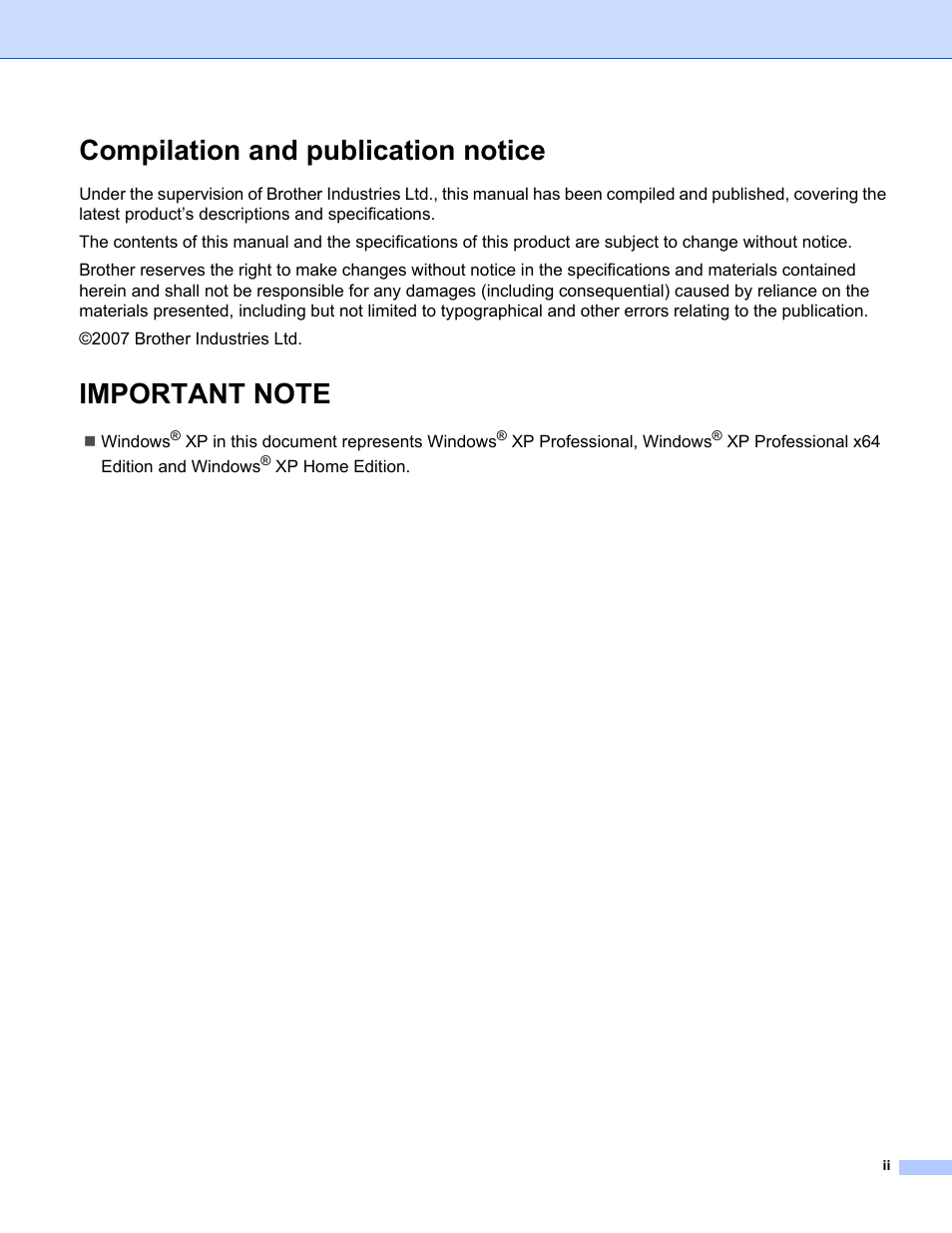 Compilation and publication notice | Brother MFC-465CN User Manual | Page 3 / 58