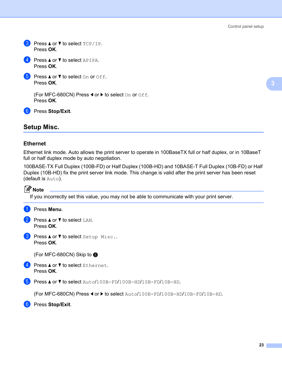 Setup misc, Ethernet | Brother MFC-465CN User Manual | Page 30 / 58