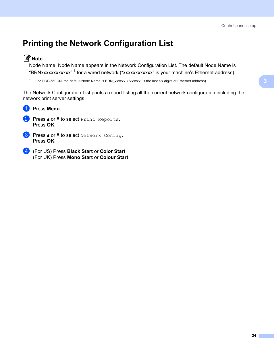 Printing the network configuration list | Brother MFC-465CN User Manual | Page 31 / 58