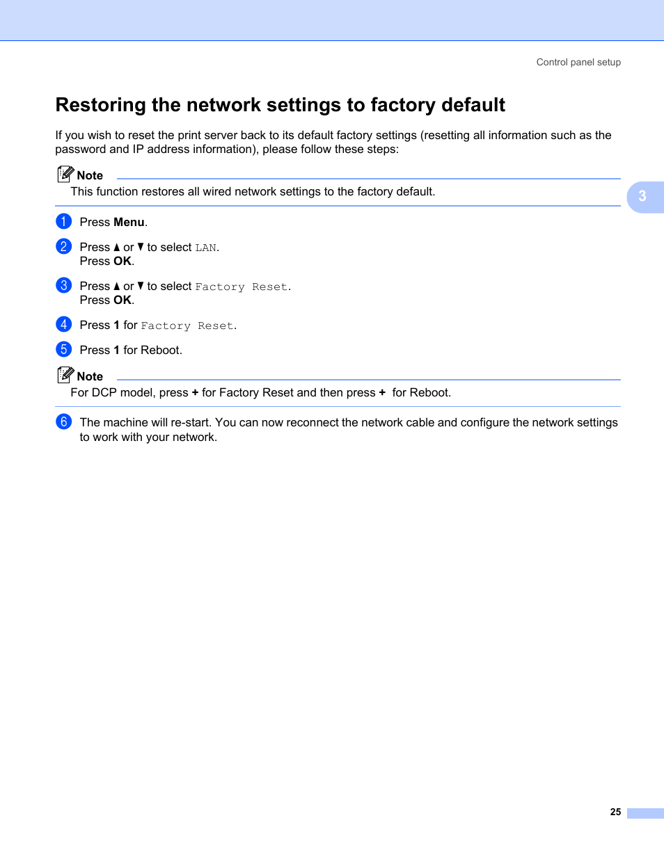 Restoring the network settings to factory default | Brother MFC-465CN User Manual | Page 32 / 58