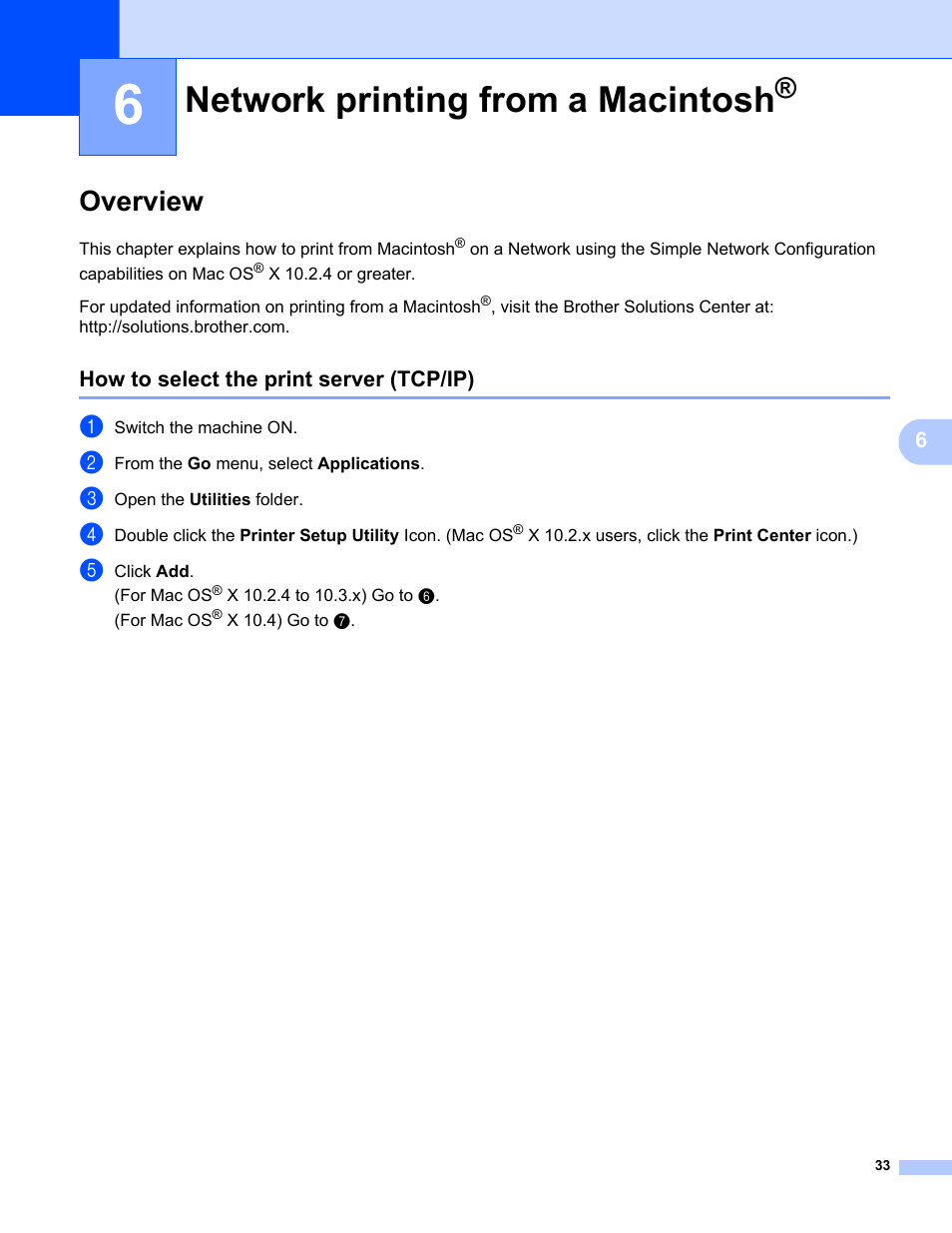 6 network printing from a macintosh, Overview, How to select the print server (tcp/ip) | Network printing from a macintosh | Brother MFC-465CN User Manual | Page 40 / 58