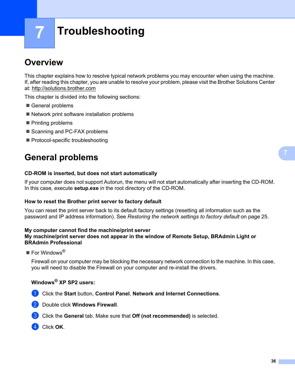 7 troubleshooting, Overview, General problems | Troubleshooting, Overview general problems | Brother MFC-465CN User Manual | Page 43 / 58