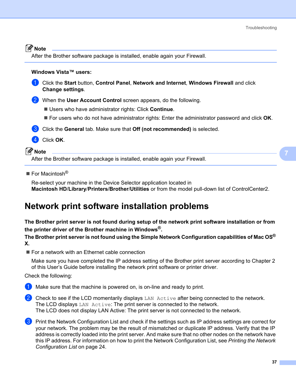 Network print software installation problems | Brother MFC-465CN User Manual | Page 44 / 58