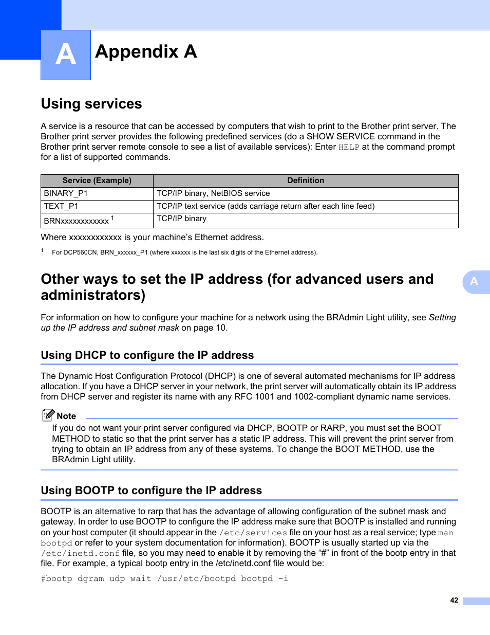 Appendix a, Using services, Using dhcp to configure the ip address | Using bootp to configure the ip address | Brother MFC-465CN User Manual | Page 49 / 58