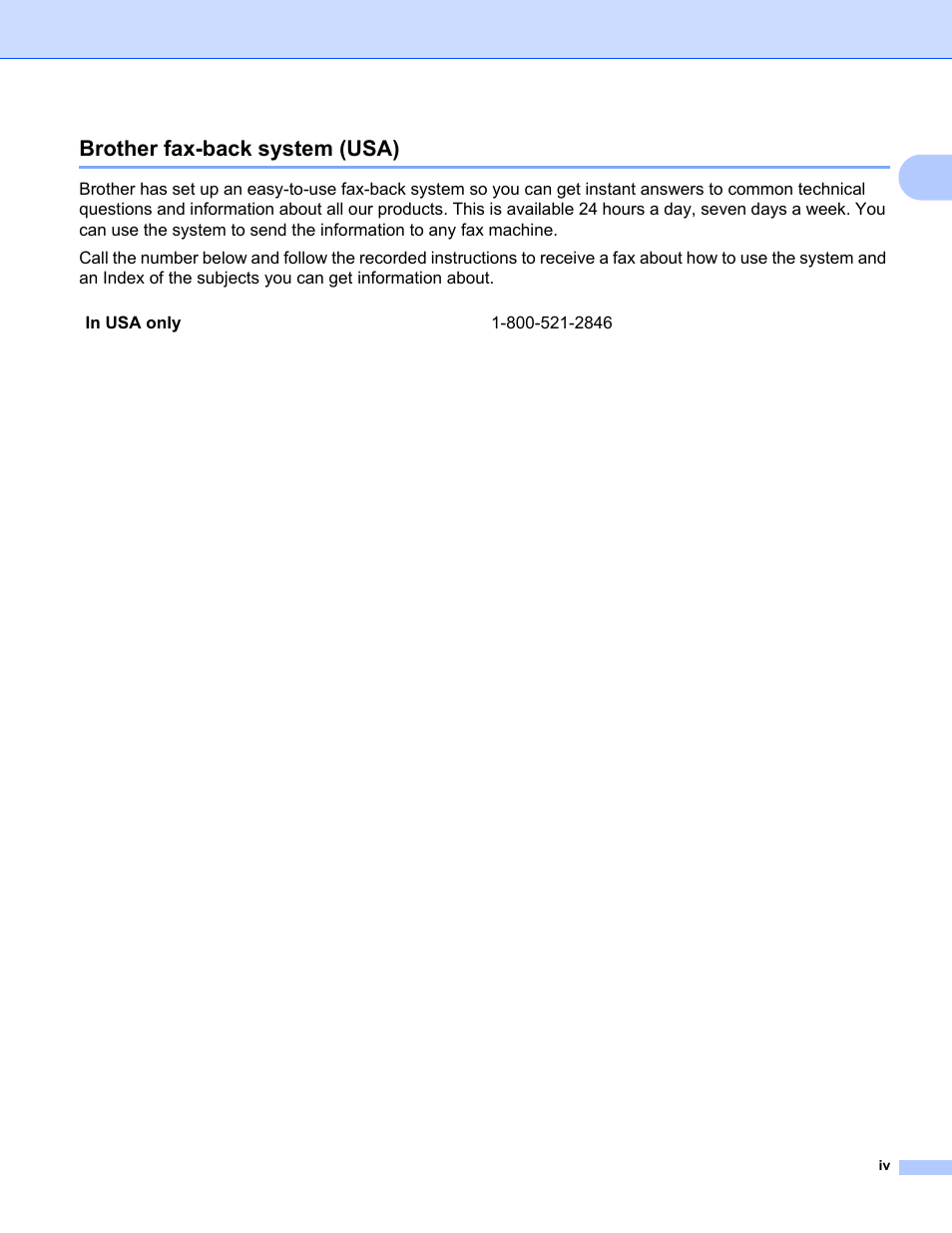 Brother fax-back system (usa) | Brother MFC-465CN User Manual | Page 5 / 58