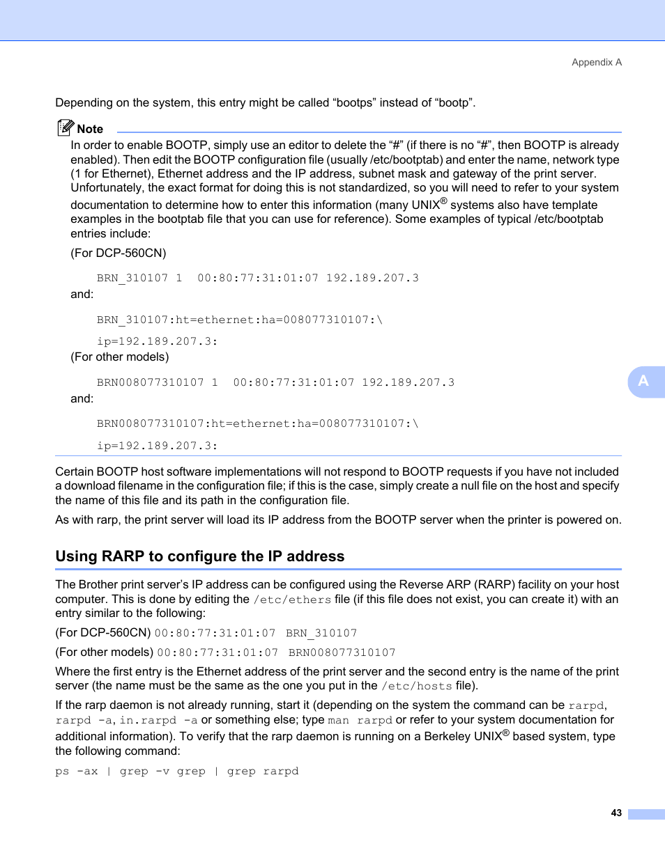 Using rarp to configure the ip address | Brother MFC-465CN User Manual | Page 50 / 58