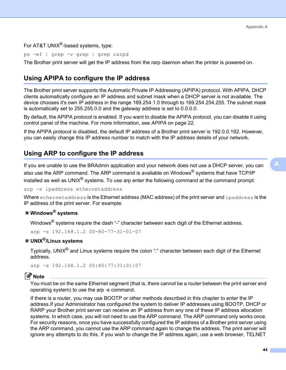 Using apipa to configure the ip address, Using arp to configure the ip address | Brother MFC-465CN User Manual | Page 51 / 58