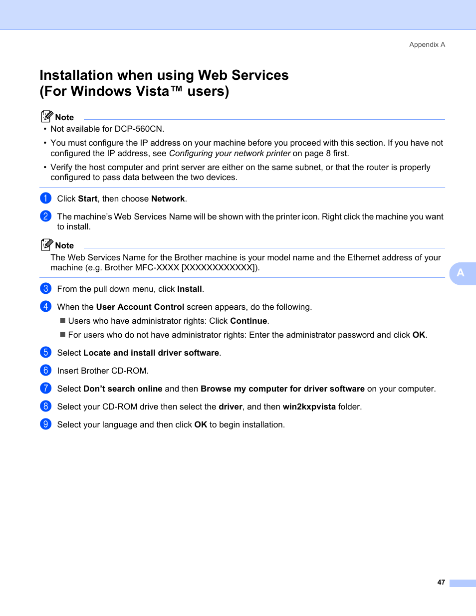 Installation when using web services, For windows vista™ users) | Brother MFC-465CN User Manual | Page 54 / 58