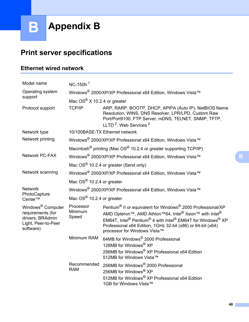 Appendix b, Print server specifications, Ethernet wired network | Brother MFC-465CN User Manual | Page 55 / 58