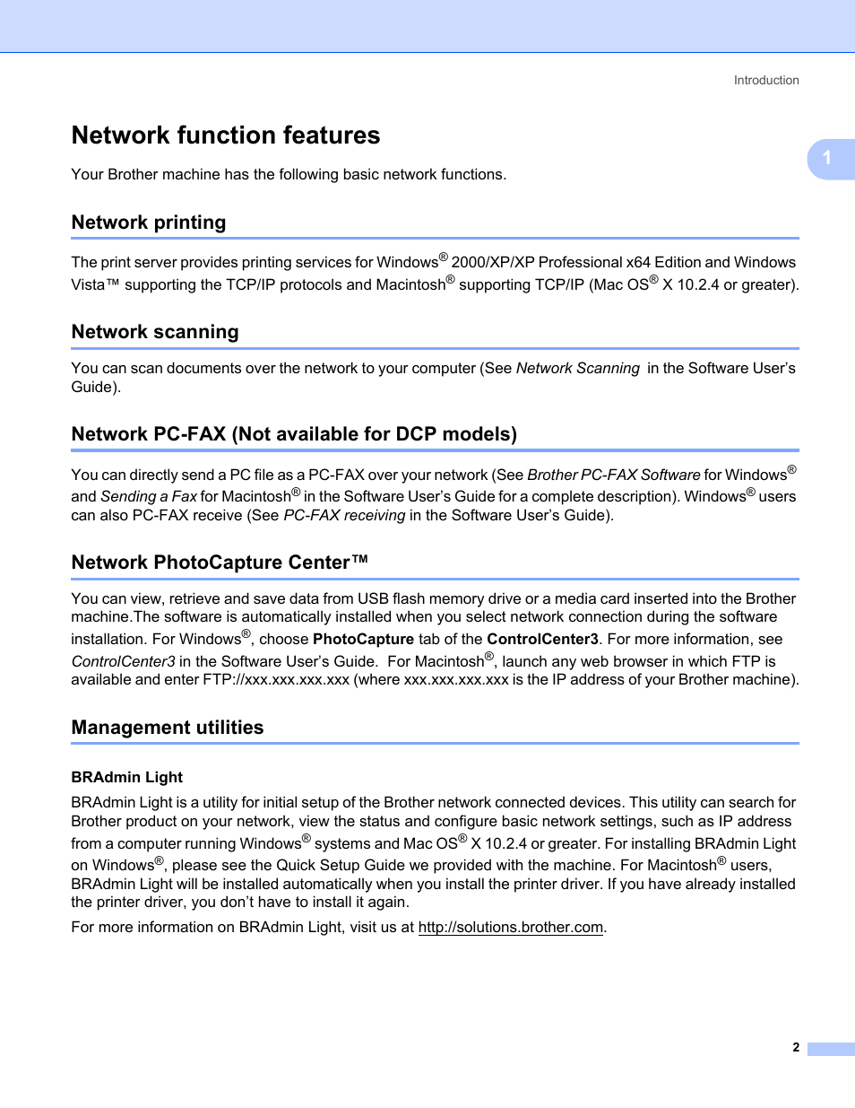 Network function features, Network printing, Network scanning | Network pc-fax (not available for dcp models), Network photocapture center, Management utilities | Brother MFC-465CN User Manual | Page 9 / 58