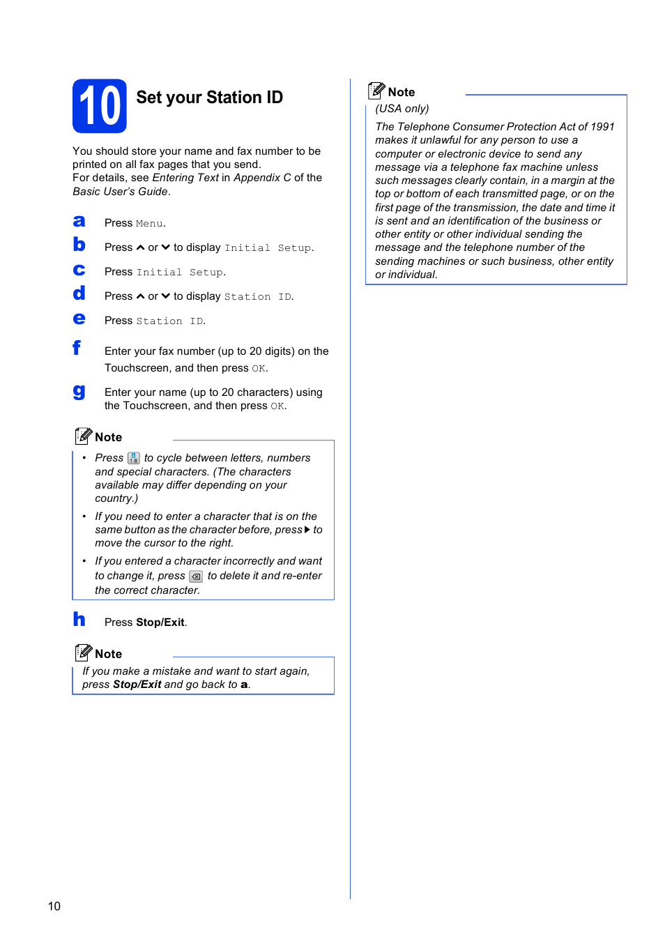 10 set your station id, Set your station id | Brother MFC-J625DW User Manual | Page 10 / 36