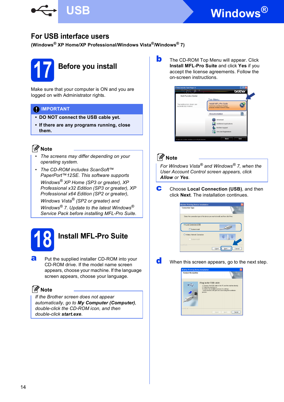 17 before you install, 18 install mfl-pro suite, Windows | For usb interface users, Before you install, Install mfl-pro suite | Brother MFC-J625DW User Manual | Page 14 / 36