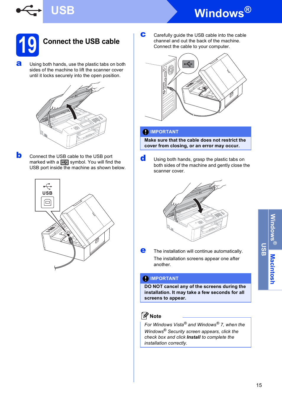 19 connect the usb cable, Windows, Connect the usb cable | Brother MFC-J625DW User Manual | Page 15 / 36