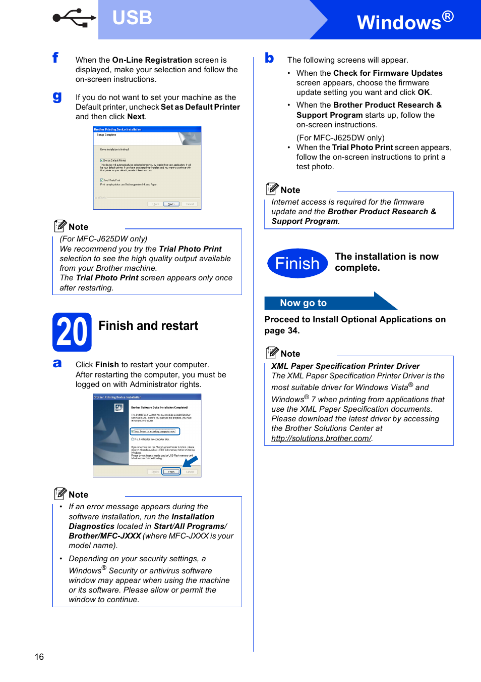 20 finish and restart, Windows, Finish | Finish and restart | Brother MFC-J625DW User Manual | Page 16 / 36