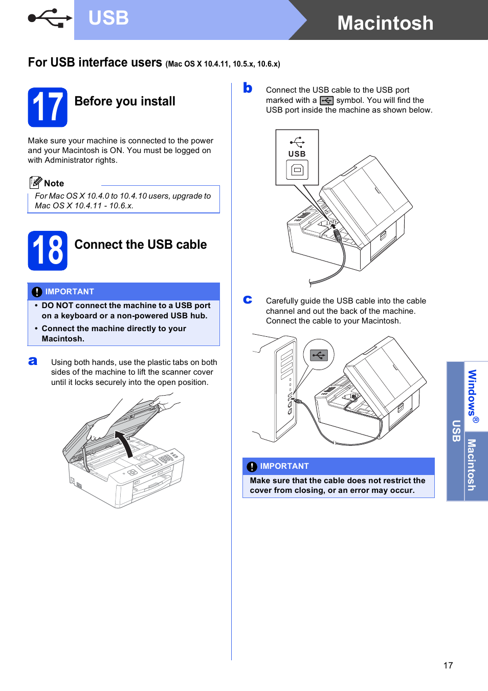 17 before you install, 18 connect the usb cable, Macintosh usb | Brother MFC-J625DW User Manual | Page 17 / 36