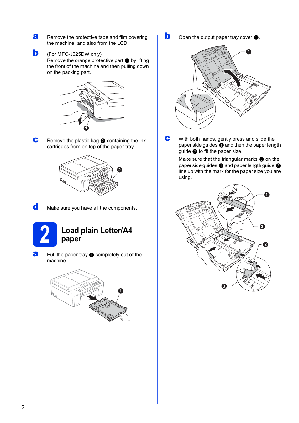 2 load plain letter/a4 paper, Load plain letter/a4 paper | Brother MFC-J625DW User Manual | Page 2 / 36