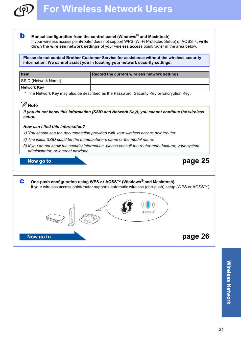For wireless network users, Page 25 c, Page 26 | Brother MFC-J625DW User Manual | Page 21 / 36