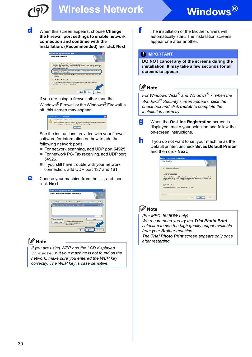 Windows, Wireless network | Brother MFC-J625DW User Manual | Page 30 / 36