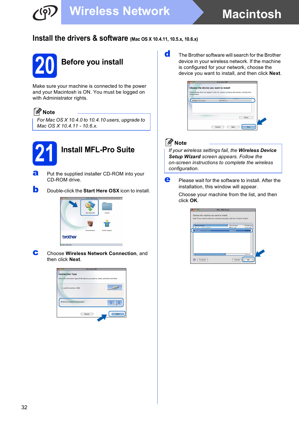 20 before you install, 21 install mfl-pro suite, Macintosh wireless network | Brother MFC-J625DW User Manual | Page 32 / 36