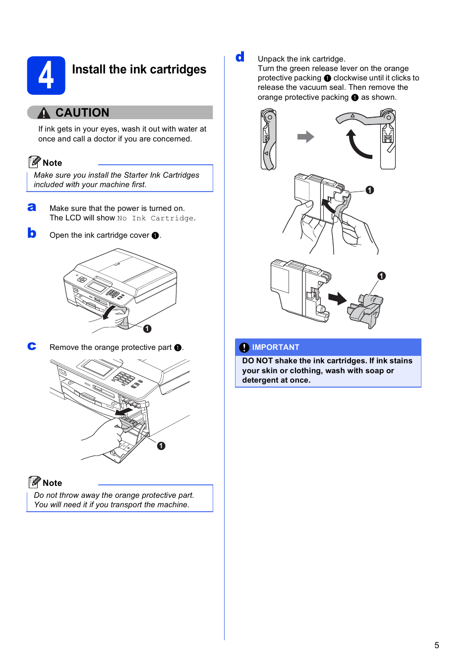 4 install the ink cartridges, Install the ink cartridges | Brother MFC-J625DW User Manual | Page 5 / 36
