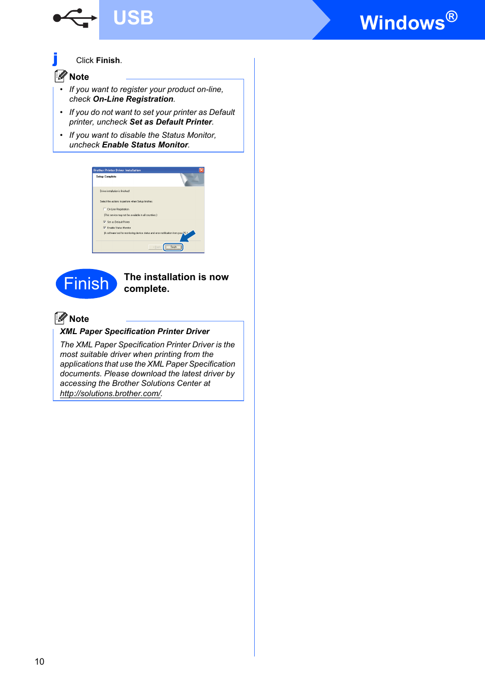 Windows, Finish | Brother HL-5350DN User Manual | Page 10 / 35