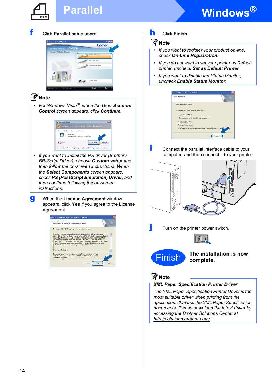 Windows, Parallel, Finish | Brother HL-5350DN User Manual | Page 14 / 35