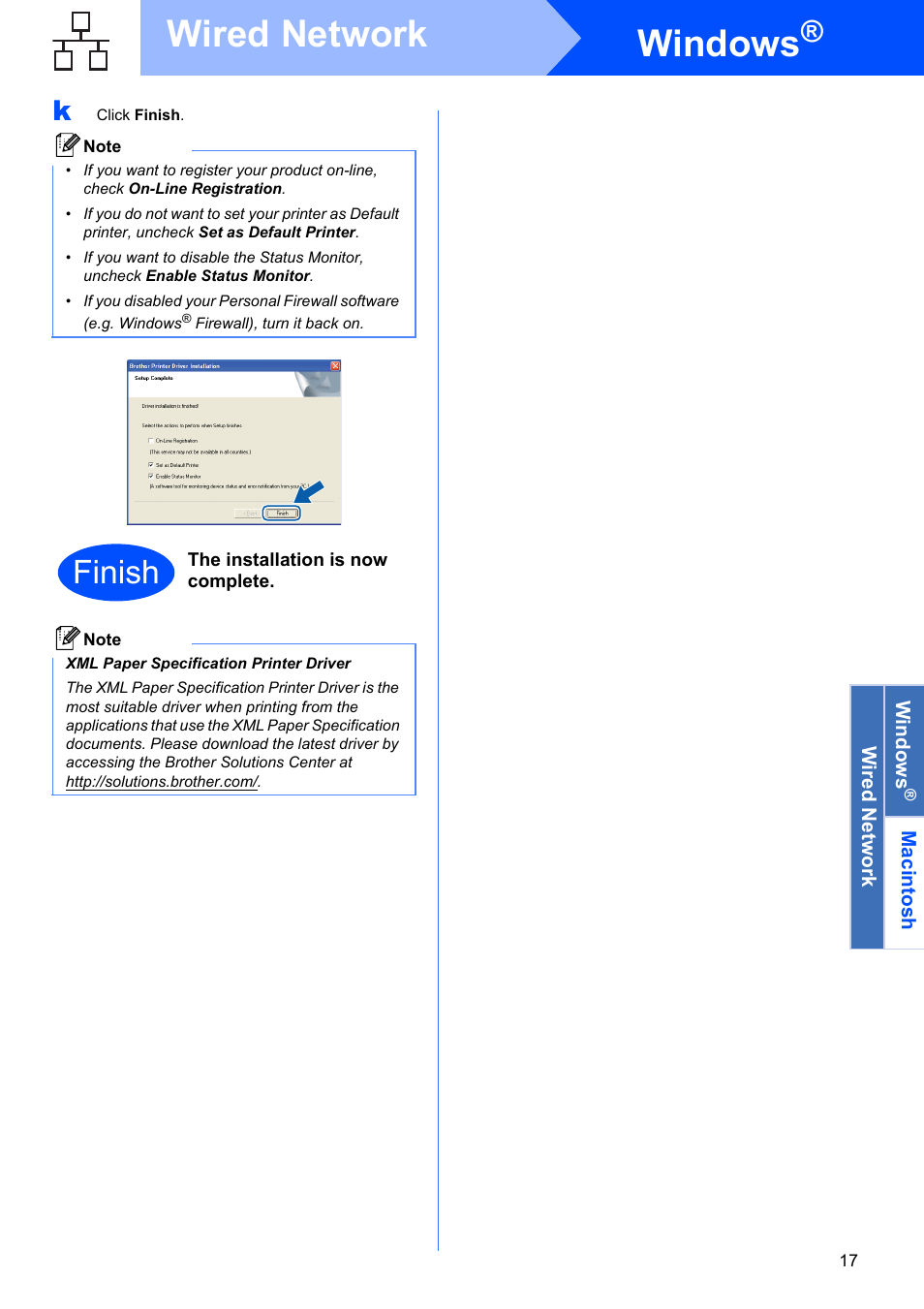 Windows, Wired network, Finish | Brother HL-5350DN User Manual | Page 17 / 35