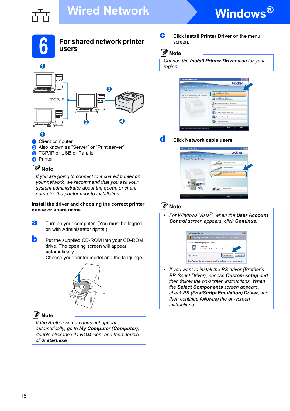 6 for shared network printer users, Windows, Wired network | Brother HL-5350DN User Manual | Page 18 / 35