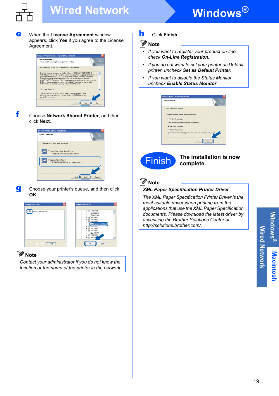 Windows, Wired network, Finish | Brother HL-5350DN User Manual | Page 19 / 35