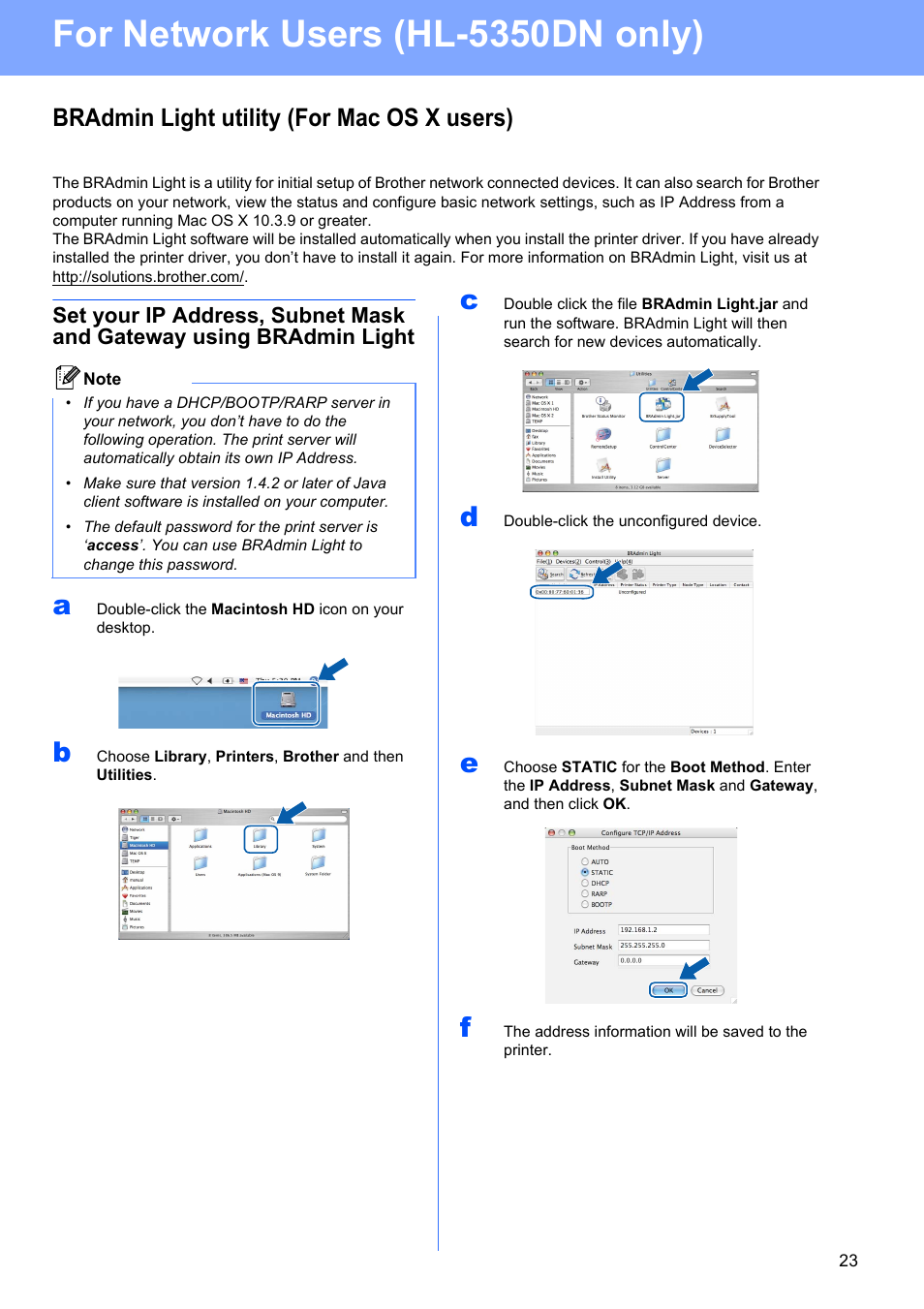 Bradmin light utility (for mac os x users), For network users (hl-5350dn only) | Brother HL-5350DN User Manual | Page 23 / 35