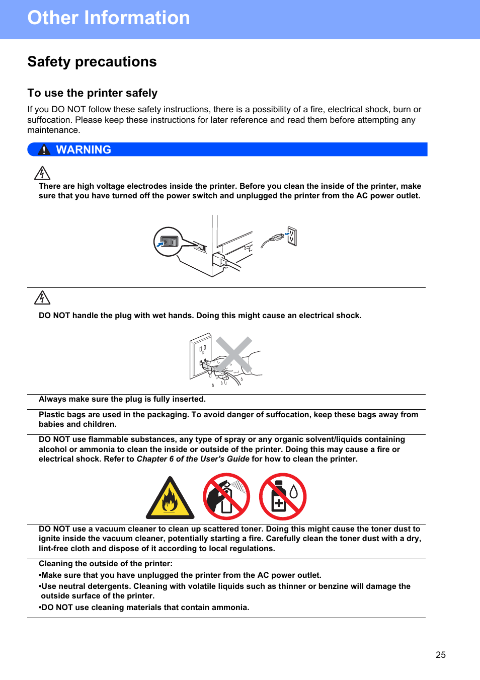 Other information, Safety precautions, To use the printer safely | Warning | Brother HL-5350DN User Manual | Page 25 / 35