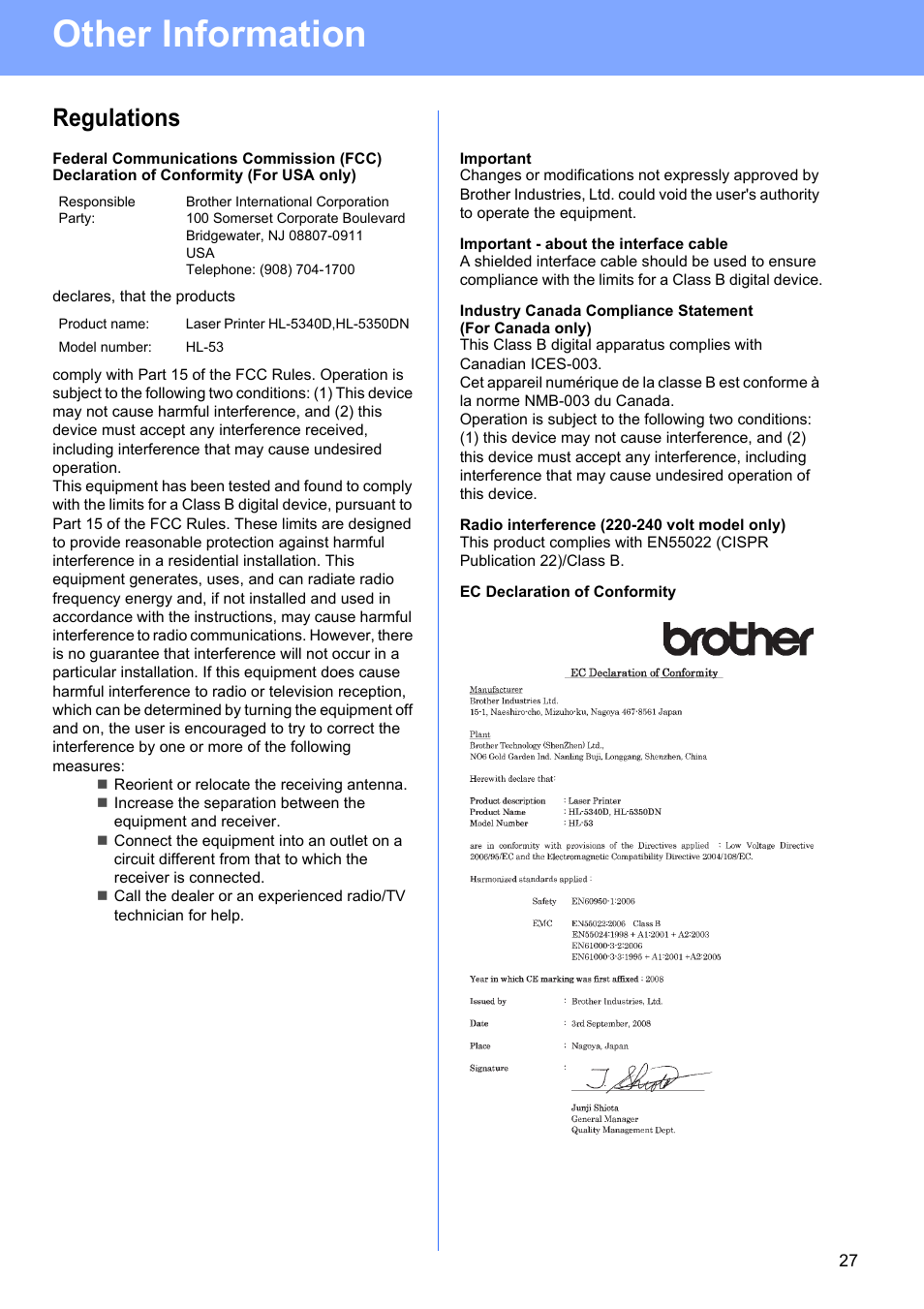 Regulations, Important, Important - about the interface cable | Radio interference (220-240 volt model only), Ec declaration of conformity, Other information | Brother HL-5350DN User Manual | Page 27 / 35