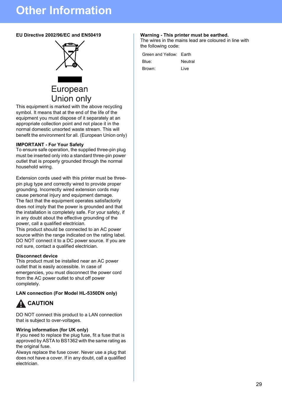 Eu directive 2002/96/ec and en50419, Important - for your safety, Disconnect device | Lan connection (for model hl-5350dn only), Wiring information (for uk only), Warning - this printer must be earthed, Other information | Brother HL-5350DN User Manual | Page 29 / 35