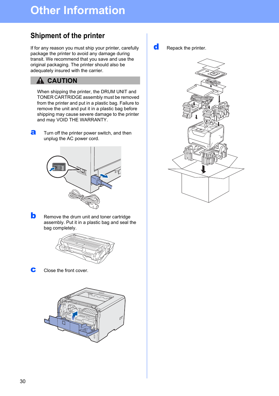 Shipment of the printer, Other information, Caution | Brother HL-5350DN User Manual | Page 30 / 35