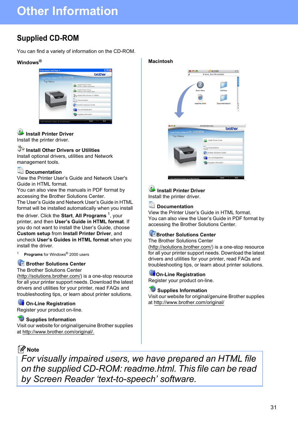 Supplied cd-rom, Windows, Macintosh | Other information | Brother HL-5350DN User Manual | Page 31 / 35