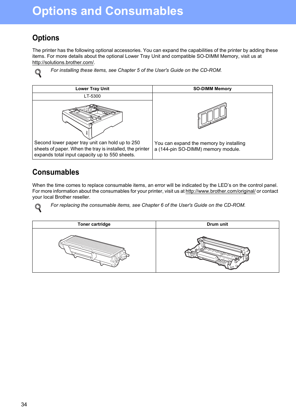Options and consumables, Options, Consumables | Brother HL-5350DN User Manual | Page 34 / 35