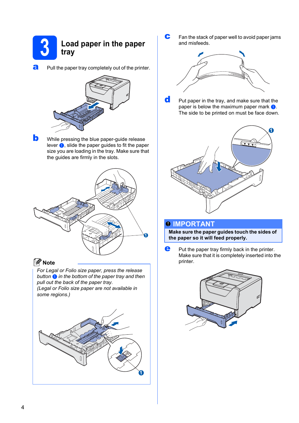 3 load paper in the paper tray, Load paper in the paper tray | Brother HL-5350DN User Manual | Page 4 / 35