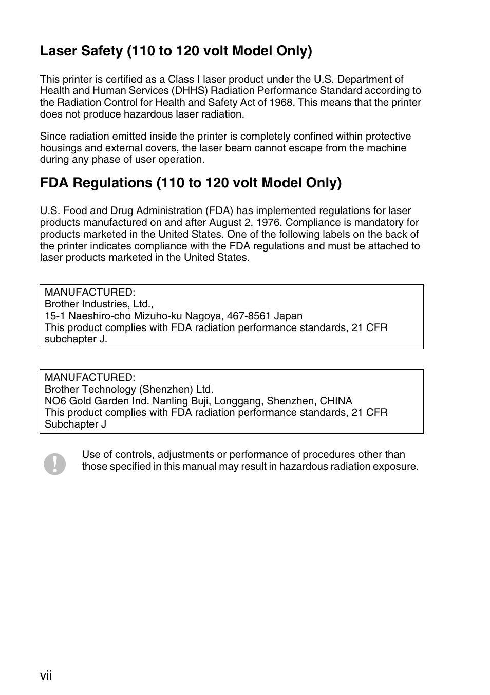 Laser safety (110 to 120 volt model only), Fda regulations (110 to 120 volt model only) | Brother HL-7050N User Manual | Page 10 / 253