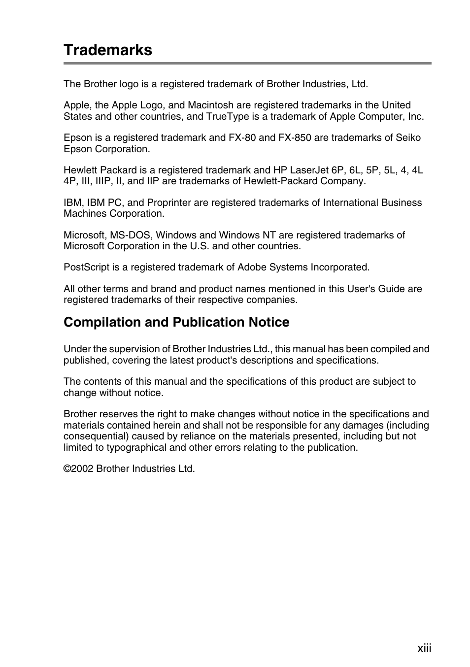 Trademarks, Compilation and publication notice | Brother HL-7050N User Manual | Page 14 / 253