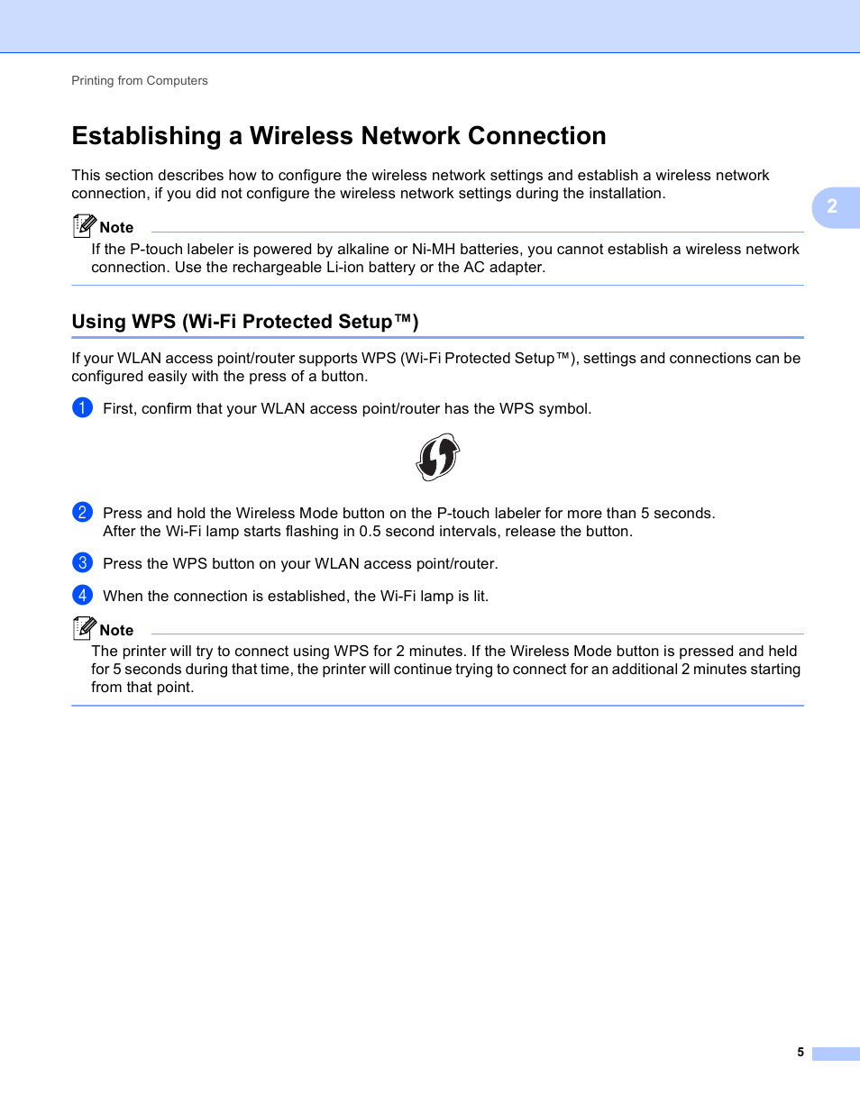 Establishing a wireless network connection, Using wps (wi-fi protected setup™) | Brother PT-P750W User Manual | Page 10 / 59