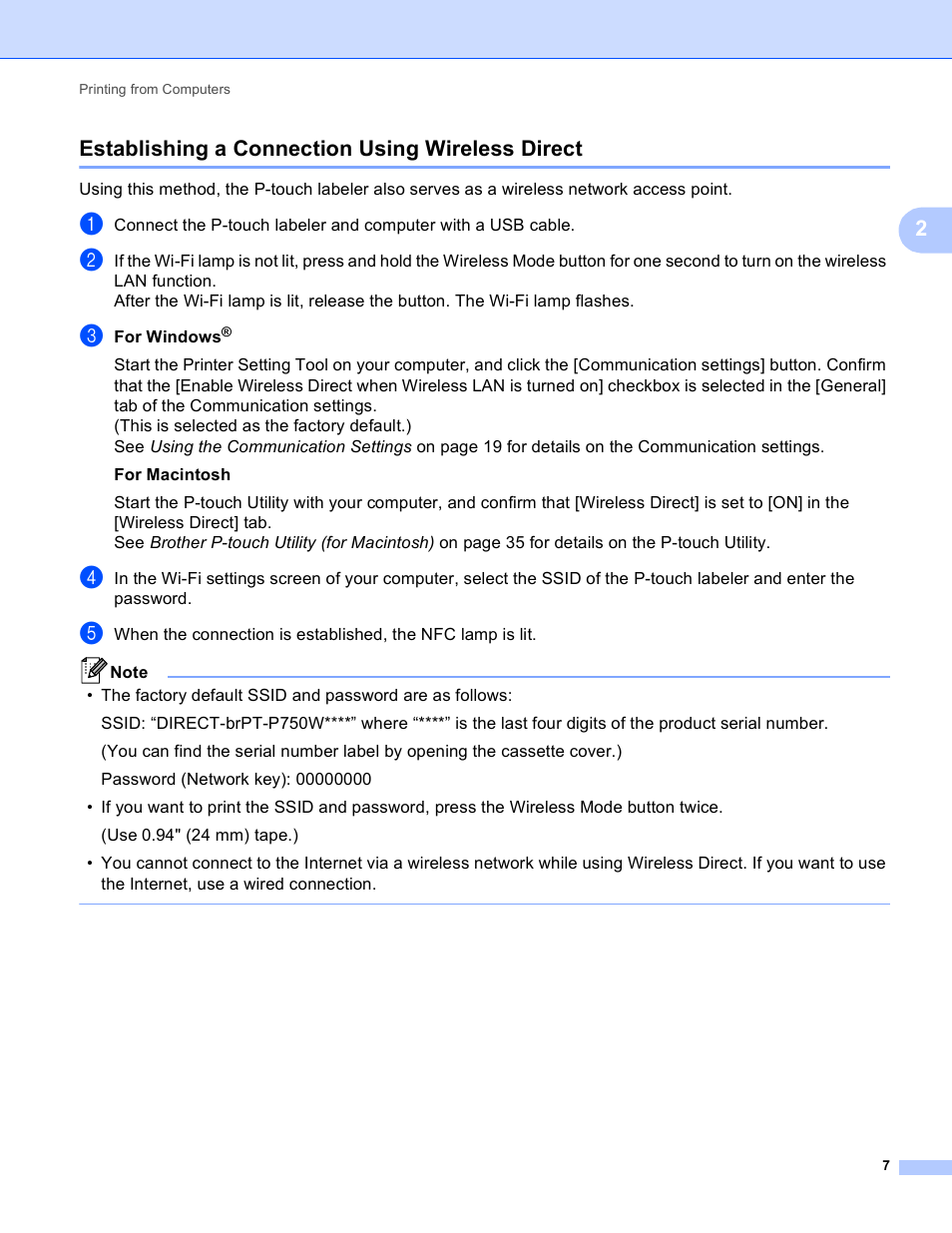 Establishing a connection using wireless direct, 2establishing a connection using wireless direct | Brother PT-P750W User Manual | Page 12 / 59