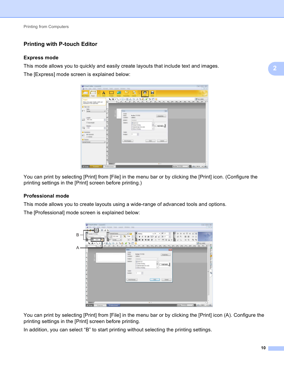 Printing with p-touch editor, Express mode | Brother PT-P750W User Manual | Page 15 / 59