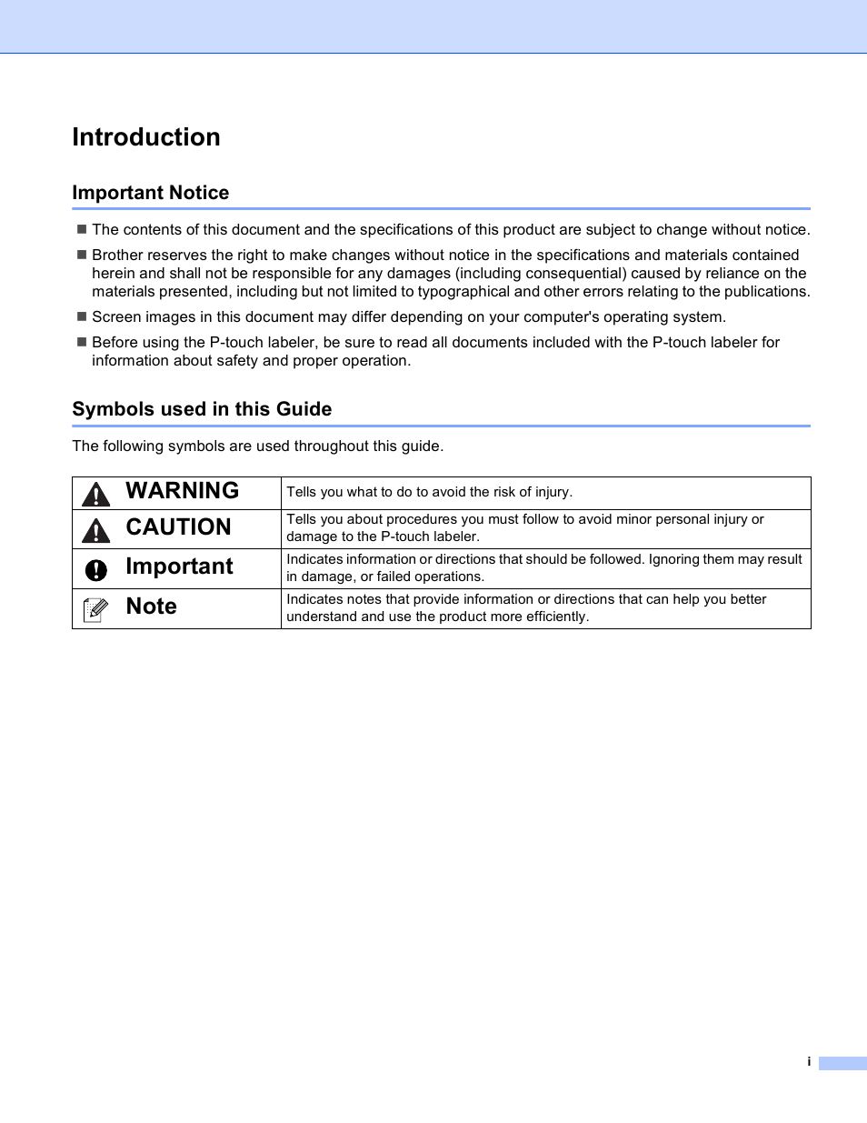 Introduction, Important notice, Symbols used in this guide | Warning, Caution, Important | Brother PT-P750W User Manual | Page 2 / 59