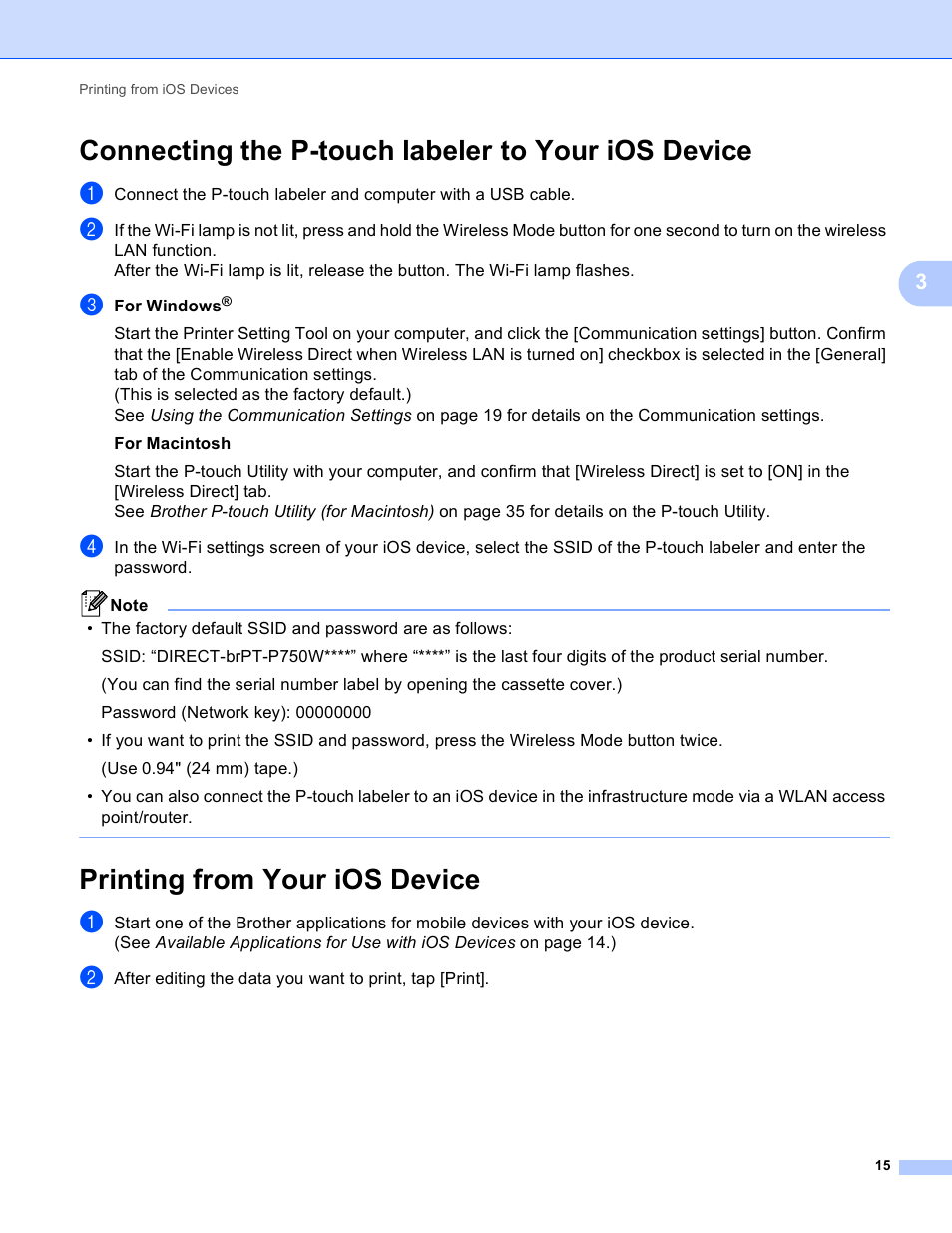 Connecting the p-touch labeler to your ios device, Printing from your ios device | Brother PT-P750W User Manual | Page 20 / 59