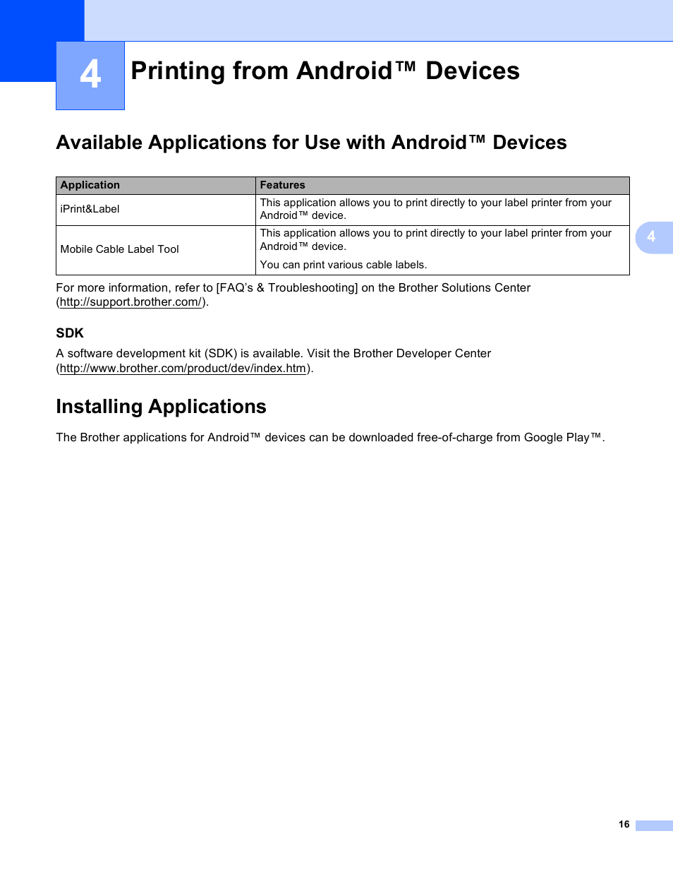 4 printing from android™ devices, Installing applications, Printing from android™ devices | Brother PT-P750W User Manual | Page 21 / 59