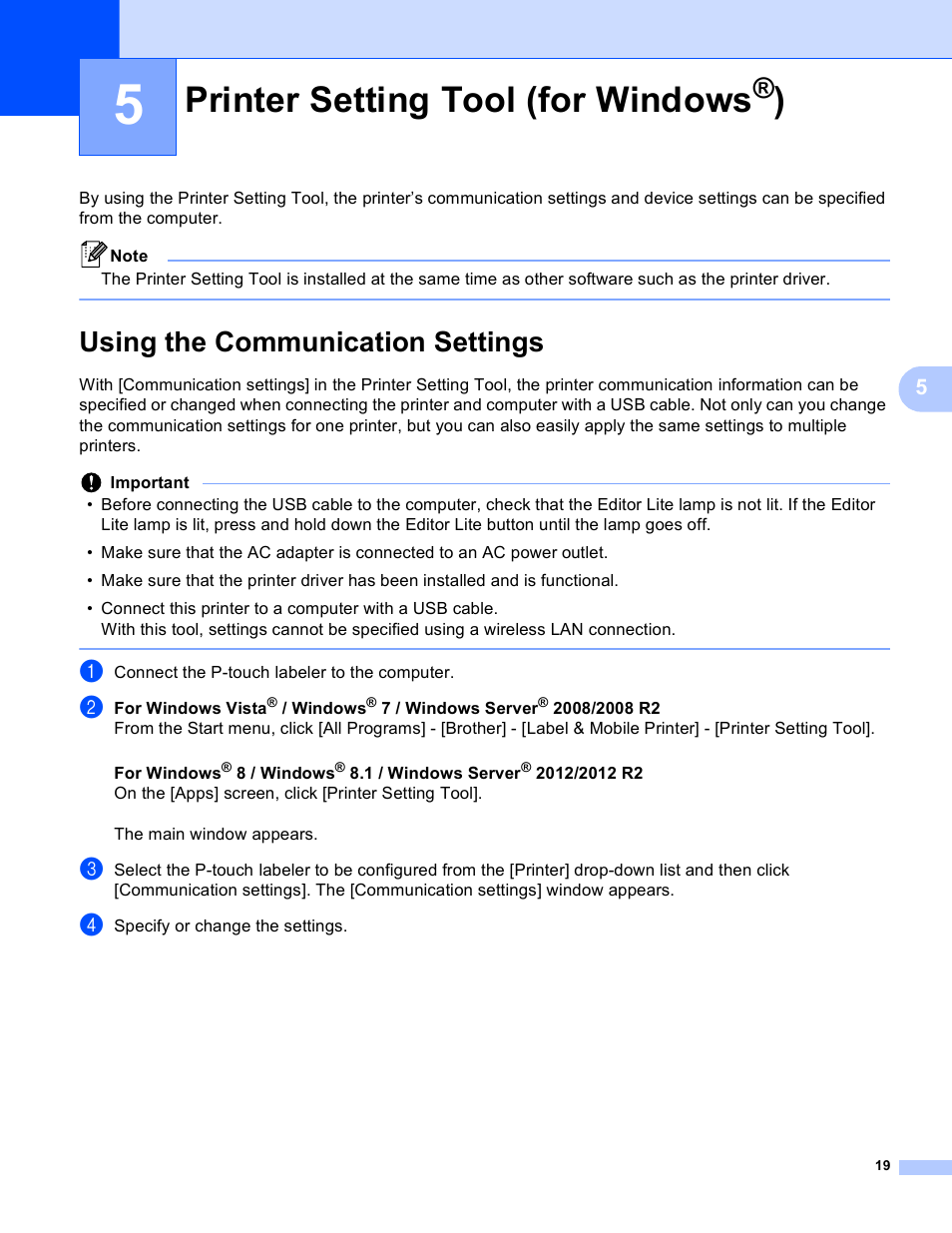 5 printer setting tool (for windows®), Using the communication settings, Printer setting tool (for windows | Brother PT-P750W User Manual | Page 24 / 59