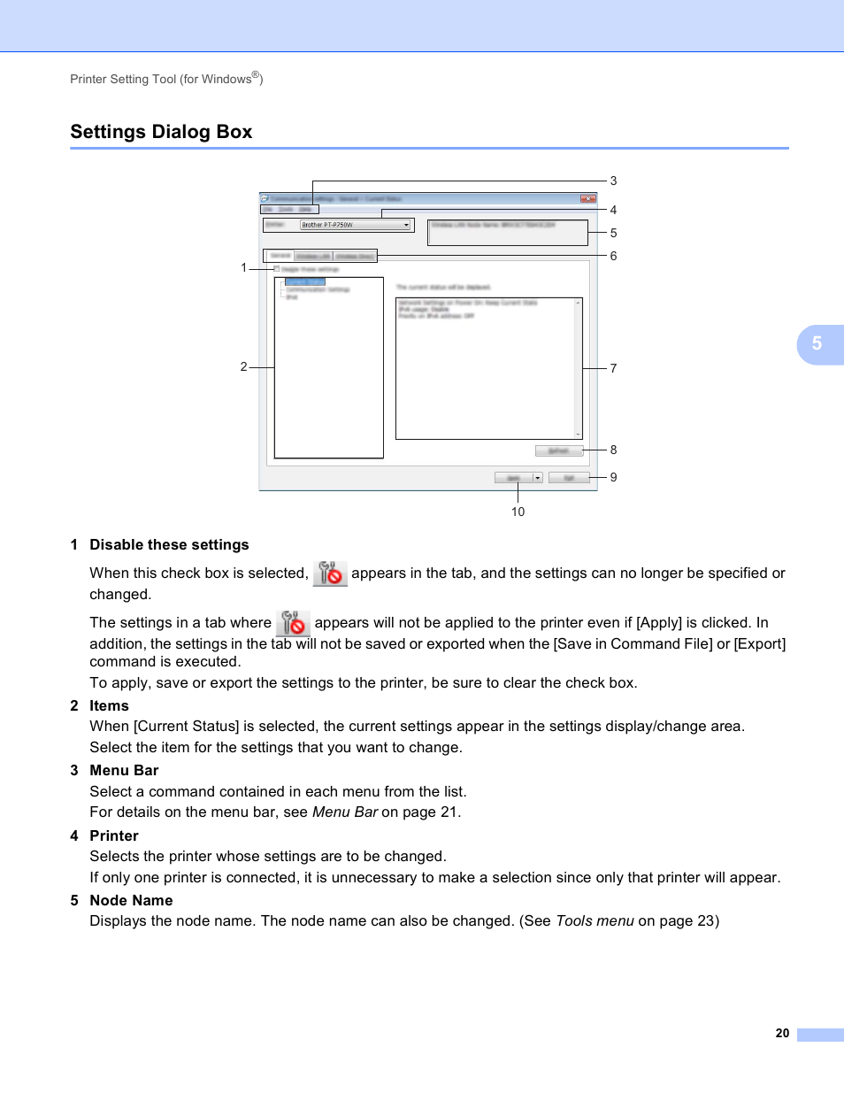 Settings dialog box, 5settings dialog box | Brother PT-P750W User Manual | Page 25 / 59