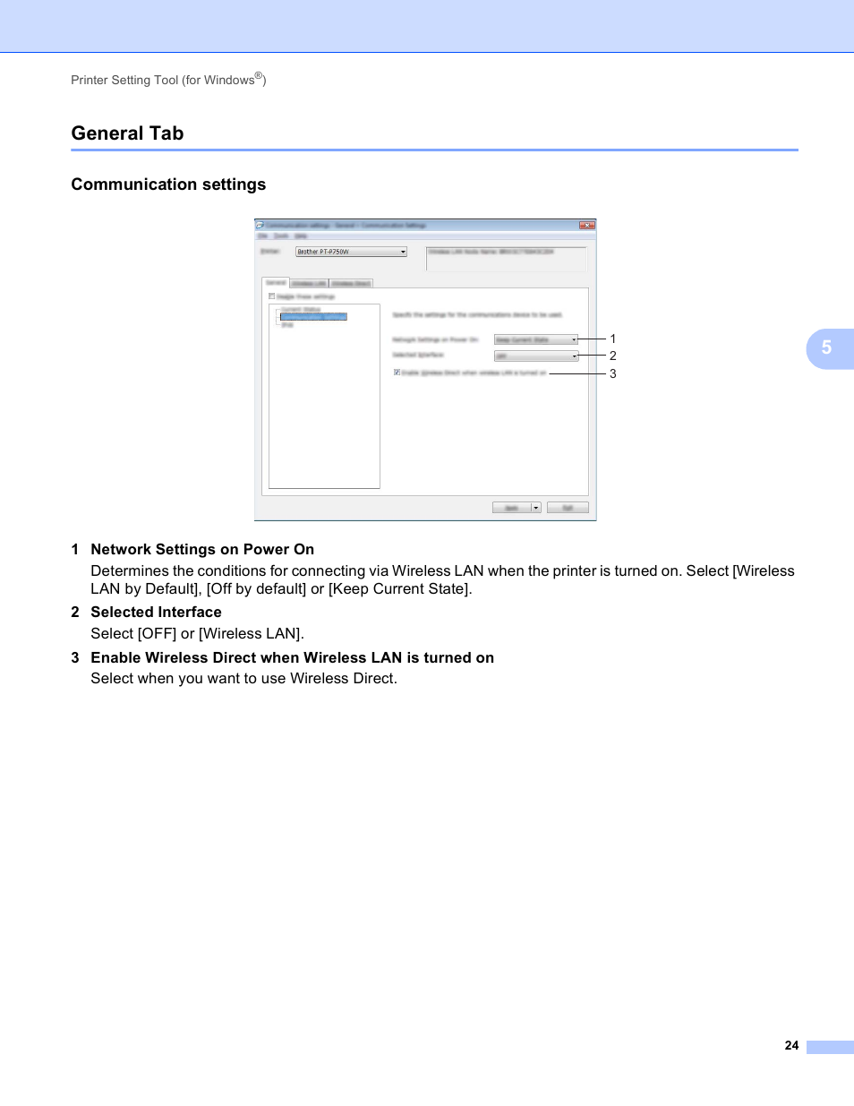 General tab, Communication settings, 5general tab | Brother PT-P750W User Manual | Page 29 / 59