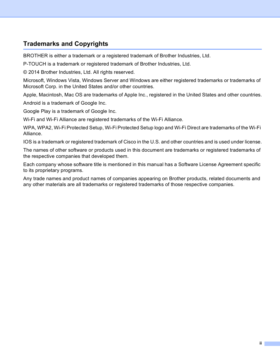 Trademarks and copyrights | Brother PT-P750W User Manual | Page 3 / 59