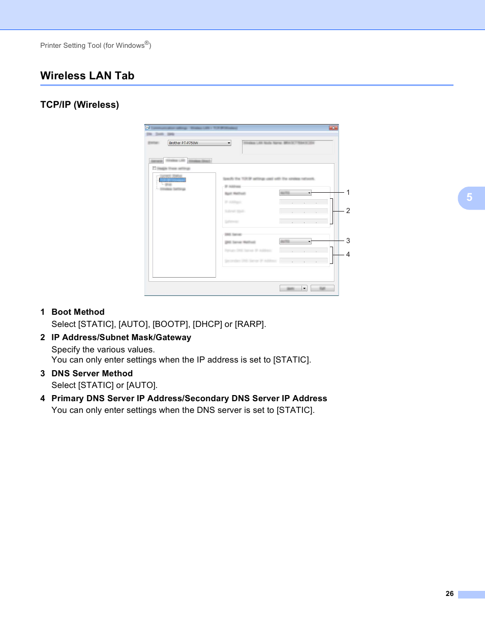 Wireless lan tab, Tcp/ip (wireless), 5wireless lan tab | Brother PT-P750W User Manual | Page 31 / 59